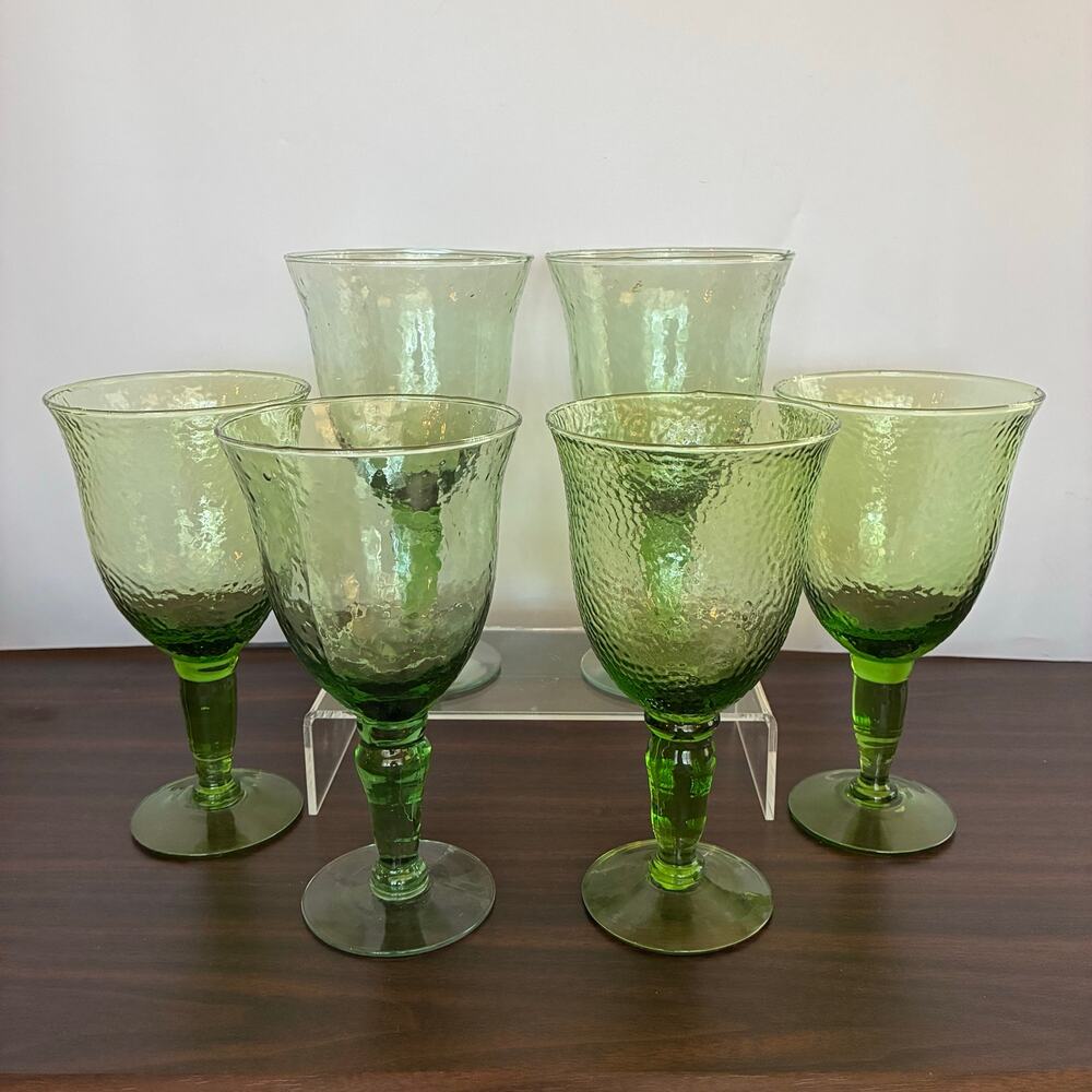 Vintage Green Hammered Glass Goblets Set of 6 Textured Wine Water Glasses